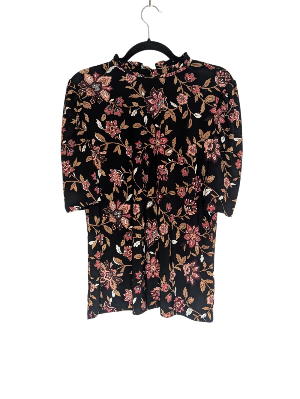 Anne Klein Black Blouse with Pink & Brown Floral Print Sz.M